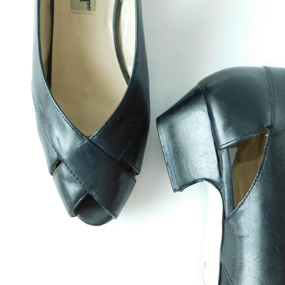 I LOVE COMFORT Shoes VINTAGE Womens 7.5 Black Leather Heels Pumps, Open Toe EUC - Picture 10 of 16